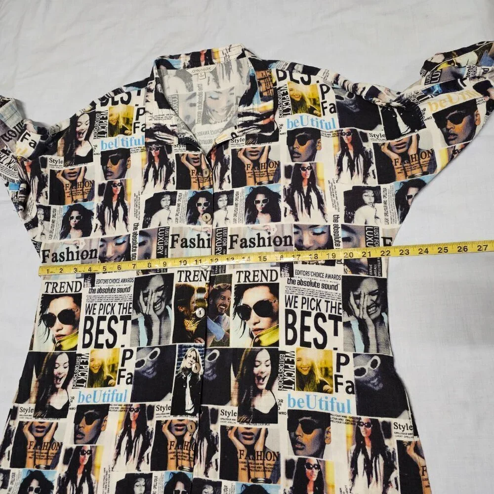 John Mark Women Graphic Button Up Collared Top Blouse Shirt Size L Deep Slits - Picture 7 of 13